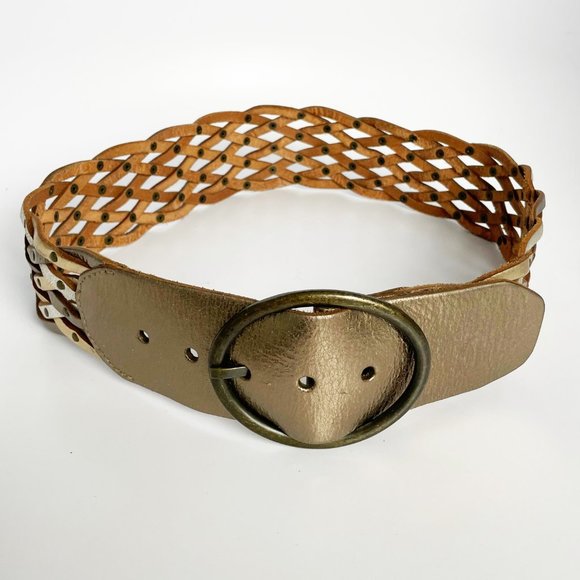 Fossil Wide Woven Braided Silver Gold Leather Belt - Picture 5 of 8